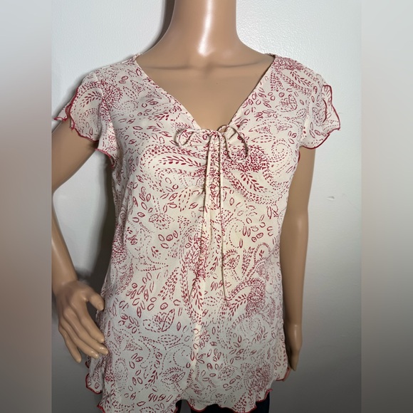 Y2K Jonathan Martin Studio‎ Paisley Cream/Red Sheer Top Scrunch Bow Women’s Sz L - Picture 2 of 8
